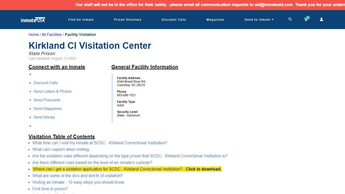 SCDC - Kirkland Correctional Institution | Visitation, dress code ...